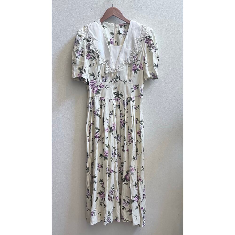 LISA II Dress 8 Prairie Cottagecore Floral Lace Collar‎ Pleated Purple USA VTG